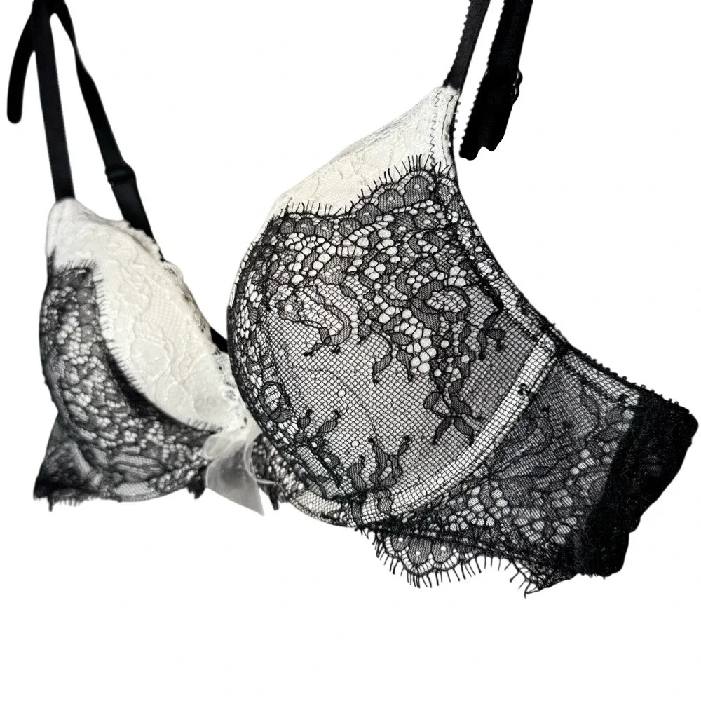Victoria's Secret‎ Dream Angel's Push-up Bra Black Eyelash Lace White Satin 36A
